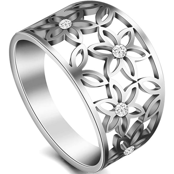 Stainless Steel Carved Flower Pattern Promise Wedding Statement Cocktail Party Ring