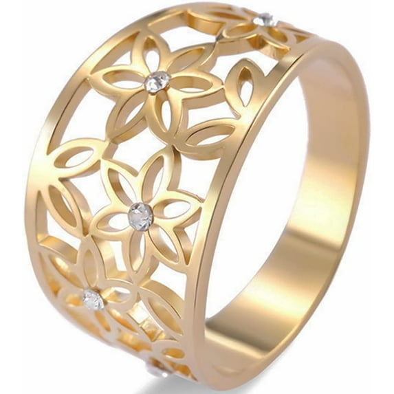 Stainless Steel Carved Flower Pattern Promise Wedding Statement Cocktail Party Ring