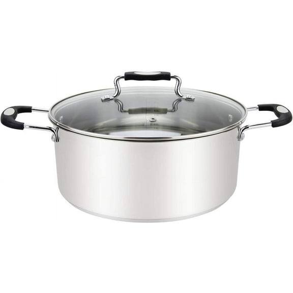 Stainless Steel Casserole Pot, Large Steel Dutch Oven, Boiling Pot for Soup, Spaghetti, Braising, 8.4 Quart Induction Cooking Pot, Urban Collection Low Round Mirrored Stainless Pots