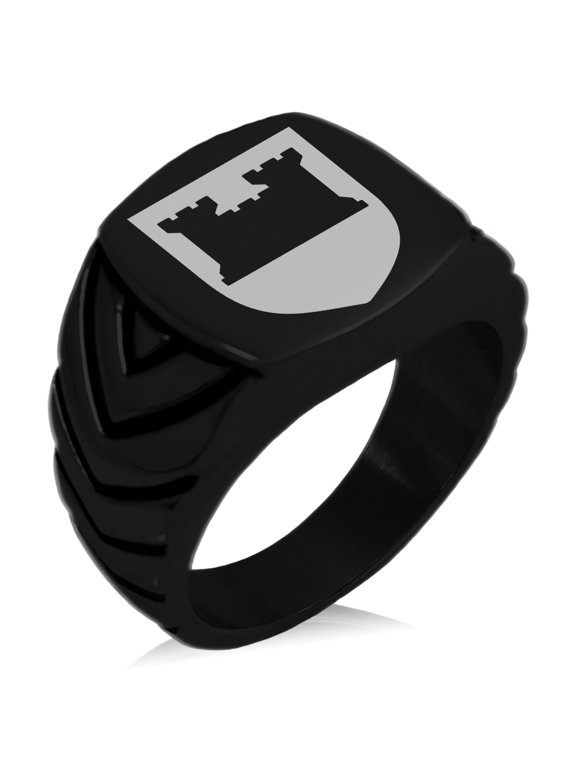 Stainless Steel Castle Protection Coat of Arms Shield Chevron Pattern Biker Style Polished Ring