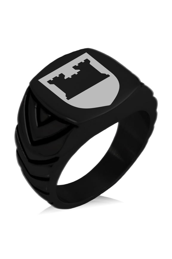 Stainless Steel Castle Protection Coat of Arms Shield Chevron Pattern Biker Style Polished Ring