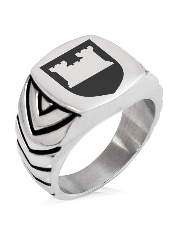 Stainless Steel Castle Protection Coat of Arms Shield Chevron Pattern Biker Style Polished Ring