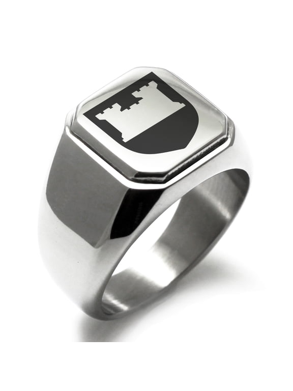 Stainless Steel Castle Protection Coat of Arms Shield Engraved Square Flat Top Biker Style Polished Signet Ring