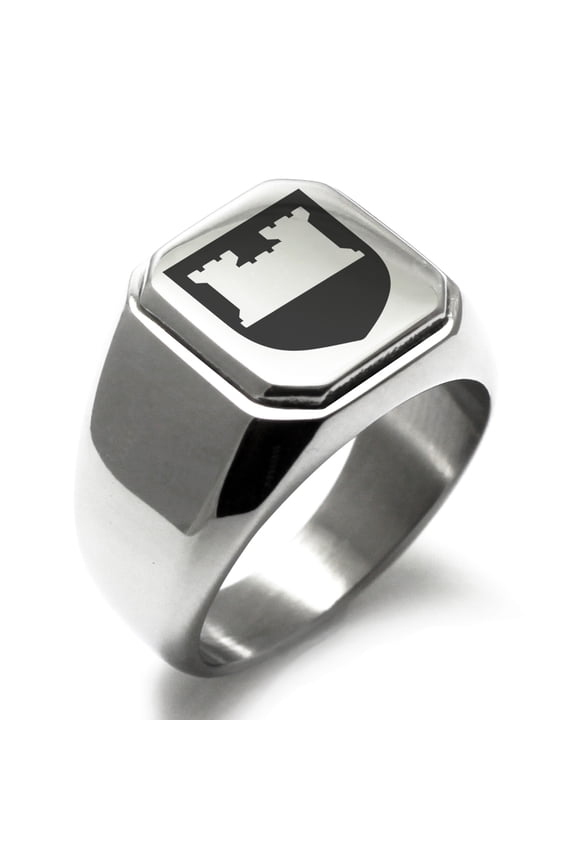 Stainless Steel Castle Protection Coat of Arms Shield Engraved Square Flat Top Biker Style Polished Signet Ring
