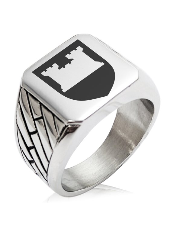 Stainless Steel Castle Protection Coat of Arms Shield Geometric Pattern Biker Style Polished Ring