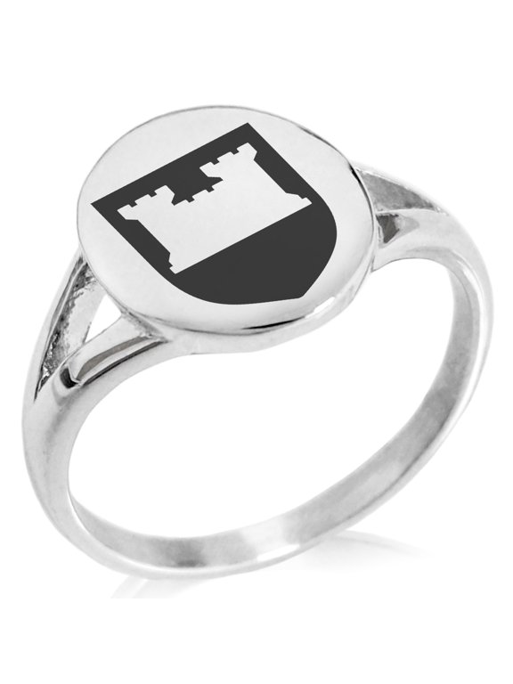 Stainless Steel Castle Protection Coat of Arms Shield Minimalist Oval Top Polished Statement Signet Ring