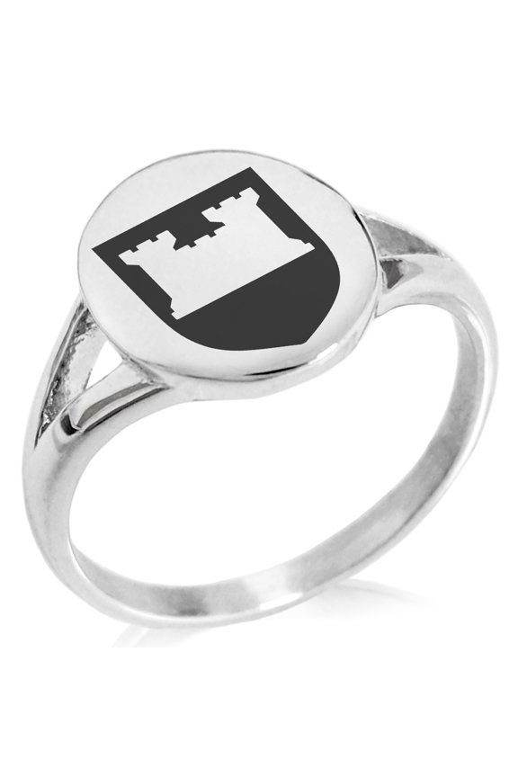 Stainless Steel Castle Protection Coat of Arms Shield Minimalist Oval Top Polished Statement Signet Ring