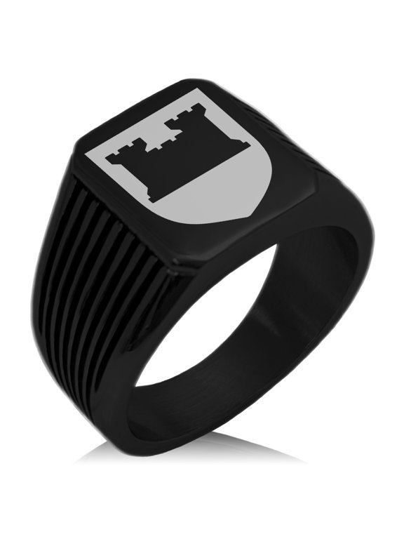 Stainless Steel Castle Protection Coat of Arms Shield Needle Stripe Pattern Biker Style Polished Ring