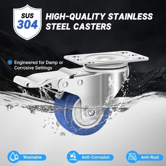 Stainless Steel Castor Wheels 2 Inch with Brake,Washable 304 Heavy Duty Casters Set of 4, Anti-Corrosion Stainless Steel Industrial Caster for Furniture,Toolbox,Restaurants,Outdoor