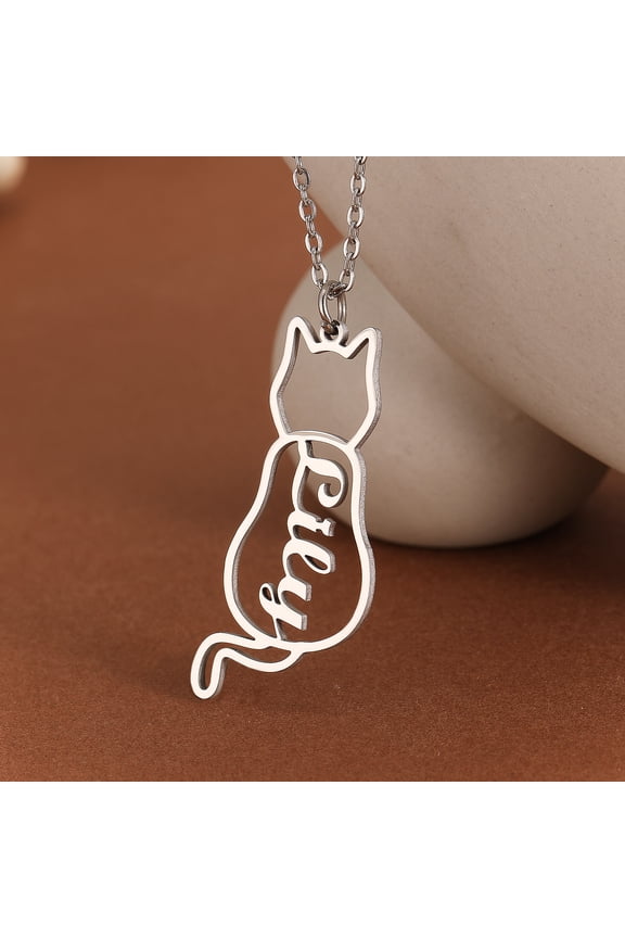 Stainless Steel Cat Animal Custom Engraving Name Letter Pendant Necklace Charm Personalized Pet Lover Gift Jewelry 