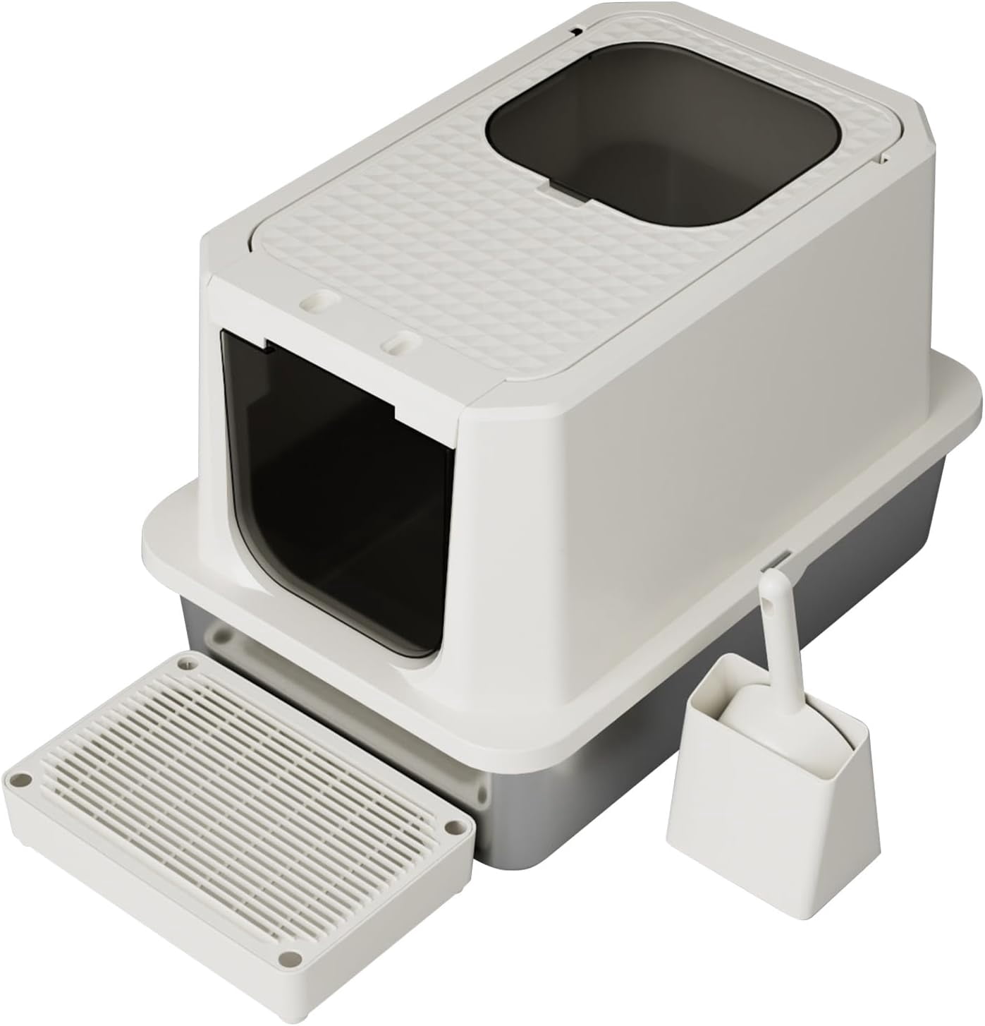 Stainless Steel Cat Box: Beige Leak-Proof Large Enclosed Litter Pan Indoor Odorless Tray for Multiple Cats - Teflon Non-Stick Coating - for Cats Under 20 lbs - Ideal for Laundry Room Balcony