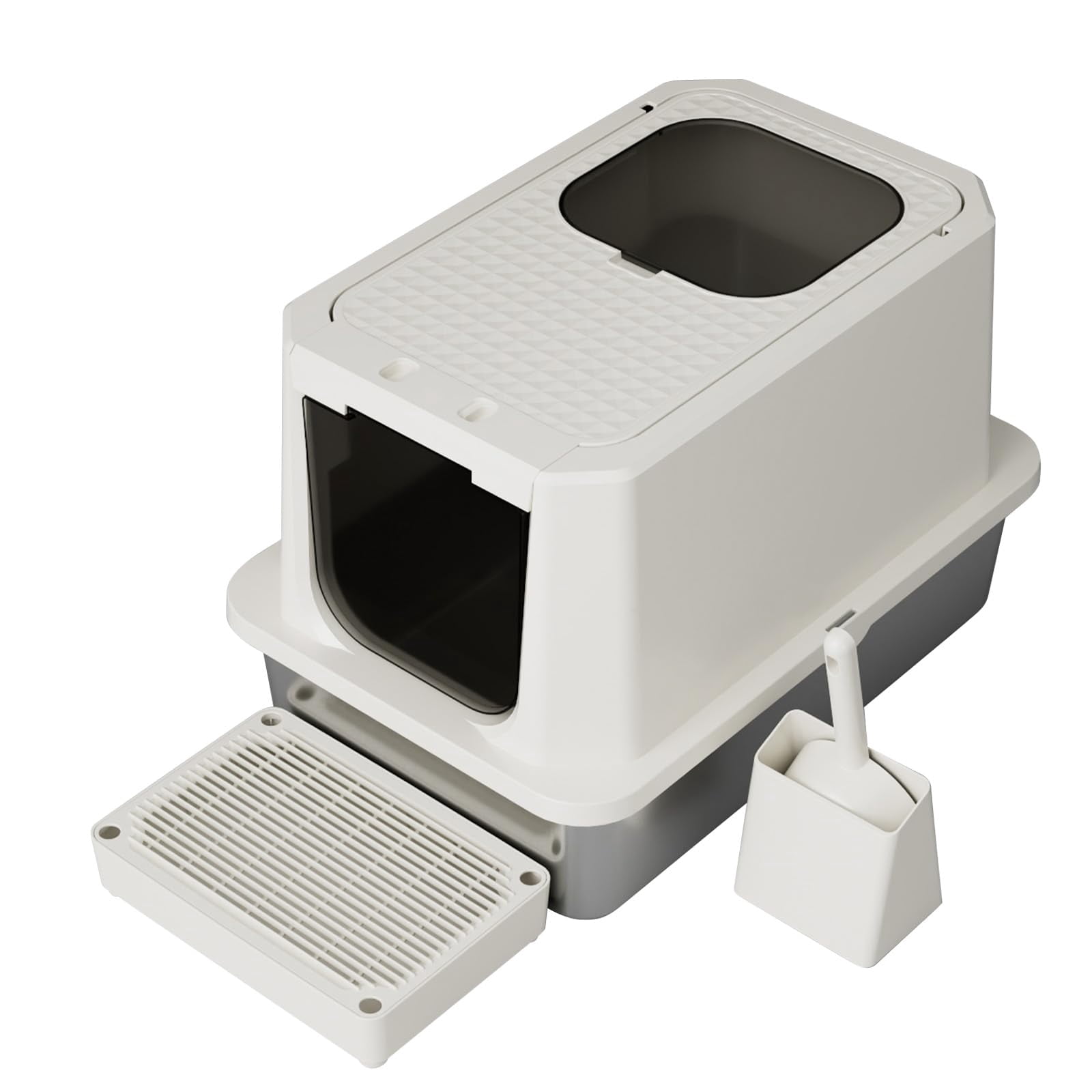 Stainless Steel Cat Box: Beige Leak-proof Large Enclosed Litter Pan Indoor Odorless Tray For Multiple Cats - Teflon Non-stick Coating Under 20 Lbs Ideal Laundry Room Balcony