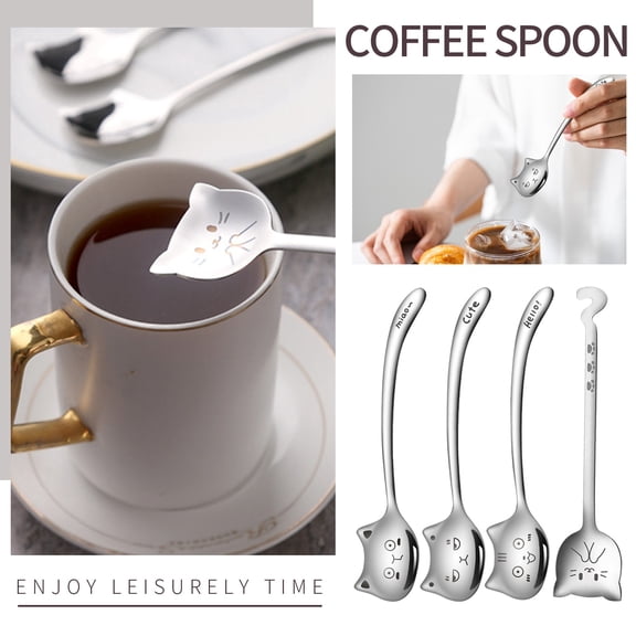 Stainless Steel Cat Coffee Spoons, Long - Tailed Design With Cute Cat Faces, For Coffee Tea Dessert Ice Cream - 4 Pack