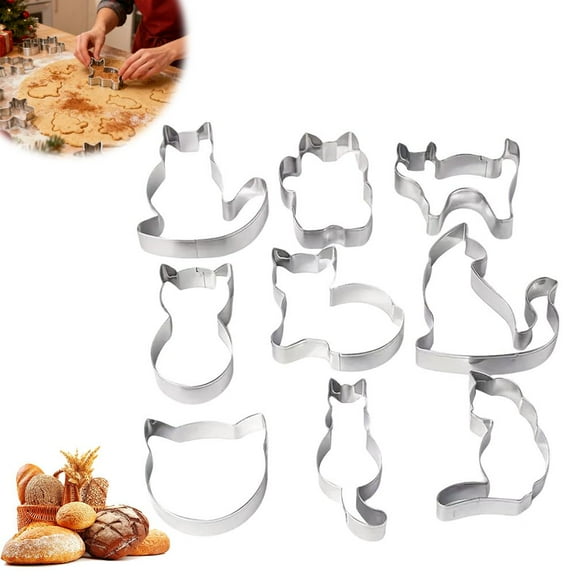 Stainless Steel Cat Cookie Cutters Set with Nine Unique Feline Shapes for Baking and Fondant Decorations