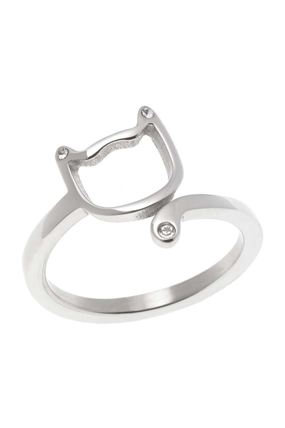 Stainless Steel Cat Face Wrap Ring with Cubic Zirconia Accents size 6