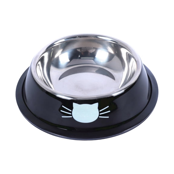 Stainless Steel Cat Food Bowls, Water Bowl for Cats, 6X2 in Rubber Base, Black Outer Finish, Cat Head Graphic, Feline Hydration, indoor Placement, 1 Pc