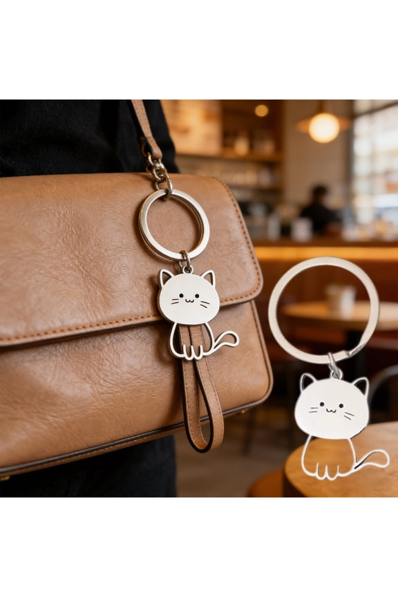Stainless Steel Cat Keychain Cute Cartoon Animal Key Ring Purse Charm Backpack Pendant for Women Daily Use 1.1x0.9in Silver