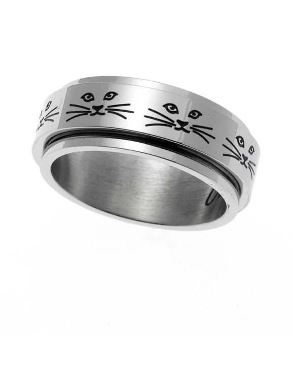 Stainless Steel Cat Lady Spinner Ring - Engraved Faces Gift for Lovers size 8