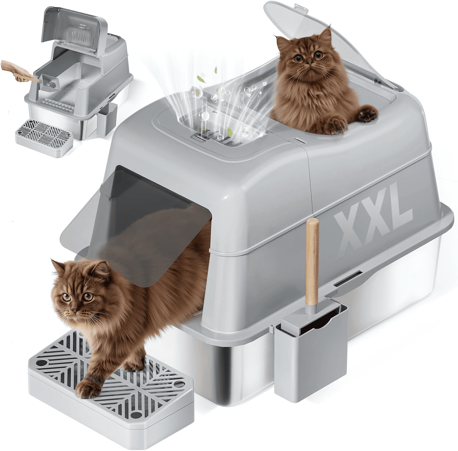 Stainless Steel Cat Litter Box with 110° Flip-Top Lid -XXL Top Entry Enclosed Litter Box for Large Cats with Deodorization Box, Odor-Free, Non-Sticky, Anti-Leak, Removable Lid for Easy Cleaning