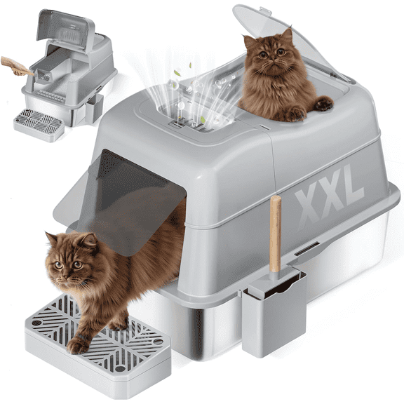 Stainless Steel Cat Litter Box with 110 Flip-Top Lid -XXL Top Entry Enclosed Litter Box for Large Cats with Deodorization Box, Odor-Free, Non-Sticky, Anti-Leak, Removable Lid for Easy Cleaning