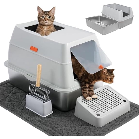Stainless Steel Cat Litter Box, 4-in-1 Cat Metal Litter Box Set, Extra Large Top Entry Litter Box Enclosed, with Litter Mat, Litter Scoop, Light Grey