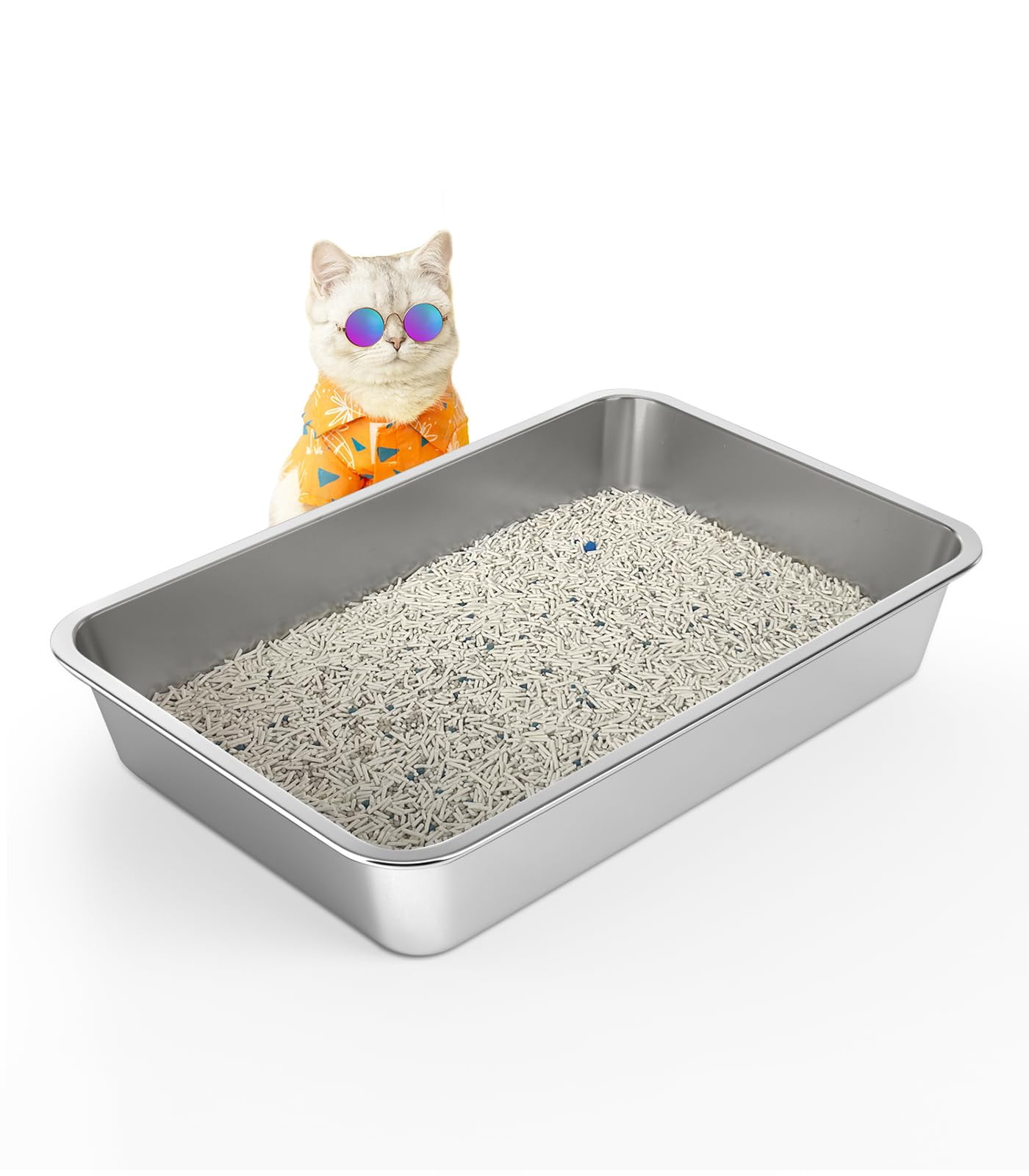 Stainless Steel Cat Litter Box  4in Shallow For Senior Cats And Kittens Large Metal Pan Nonstick Odor Control Anti-corrosion