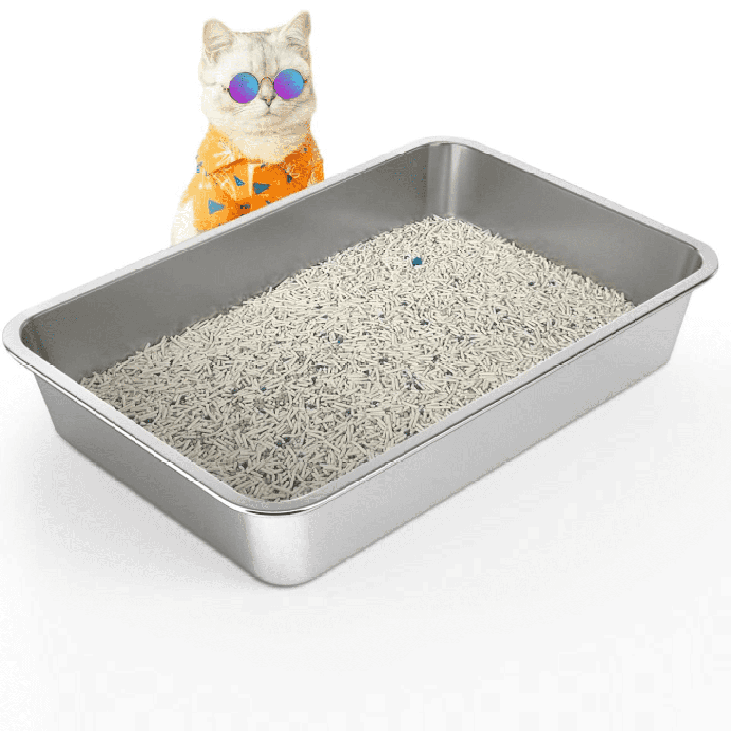 Stainless Steel Cat Litter Box, 4in Shallow Litter Box for Senior Cats and Kittens, Large Metal Litter Pan Nonstick Odor Control Anti-Corrosion