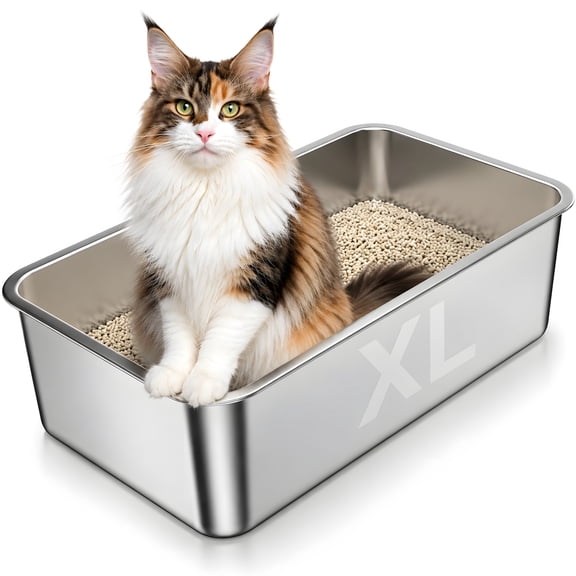 Stainless Steel Cat Litter Box, Bug Hull High Sided Metal Pan, Odor Control, Easy to Clean, 23.4" x 15.6" x 6"
