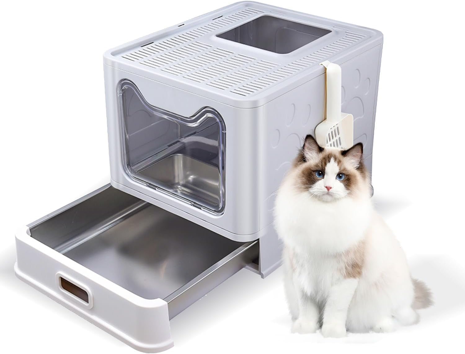 Nobleza Stainless Steel Cat Litter Box – Extra Large Enclosed Litter Box With Hood, Footboard & Poop Scooper (XL, Light Gray)
