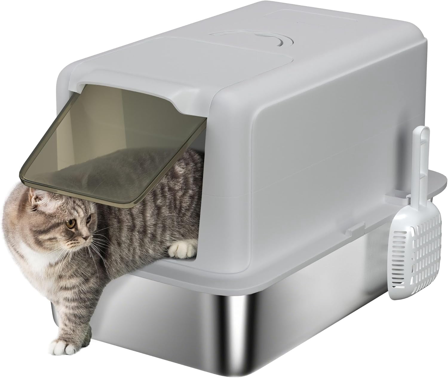 Stainless Steel Cat Litter Box, Extra Large 2 in 1 Metal Kitty Litter Pan with High Enclosure, Removable Lid & Scoop, Filter Bags, Easy to Clean, for Small to Large Kittens, Gray