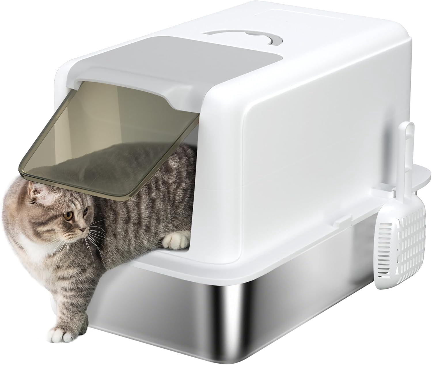 Stainless Steel Cat Litter Box, Extra Large 2 in 1 Metal Kitty Litter Pan with High Enclosure, Removable Lid & Scoop, Filter Bags, Easy to Clean, for Small to Large Kittens, White