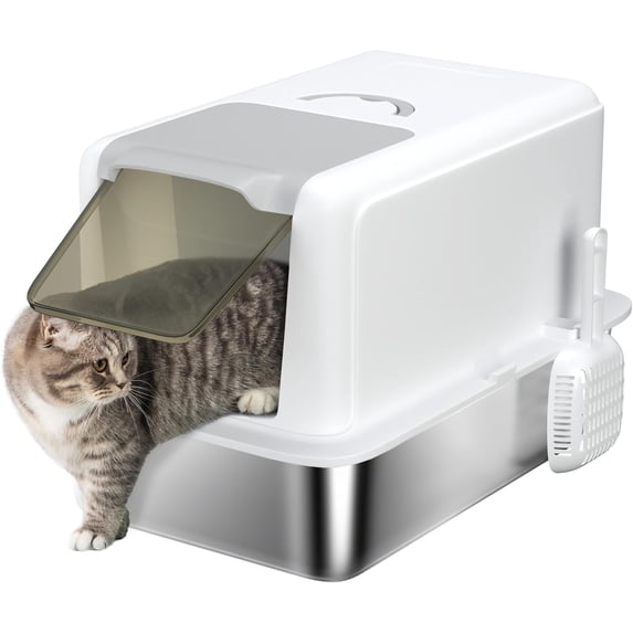 Stainless Steel Cat Litter Box, Extra Large 2 in 1 Metal Kitty Litter Pan with High Enclosure, Removable Lid & Scoop, Filter Bags, Easy to Clean, for Small to Large Kittens, White