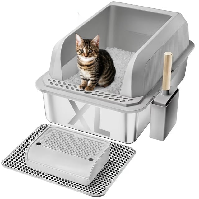 Furkid Stainless Steel Cat Litter Box, XL, Gray, 24