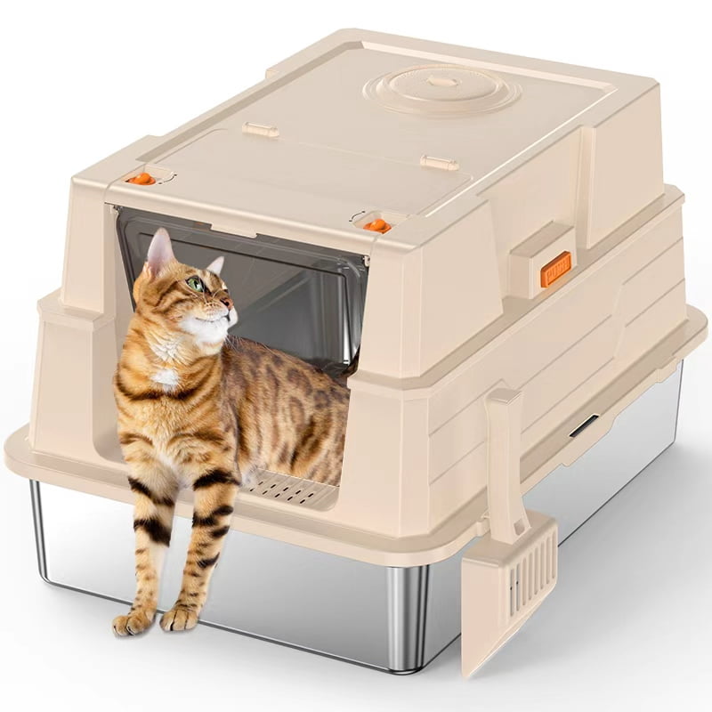 Stainless Steel Cat Litter Box, High Side Leak-Proof Litter Pan, Odor-Resistant Non-Stick Metal Tray, Corrosion-Proof Design with Litter Scoop & Hook for Large Cats