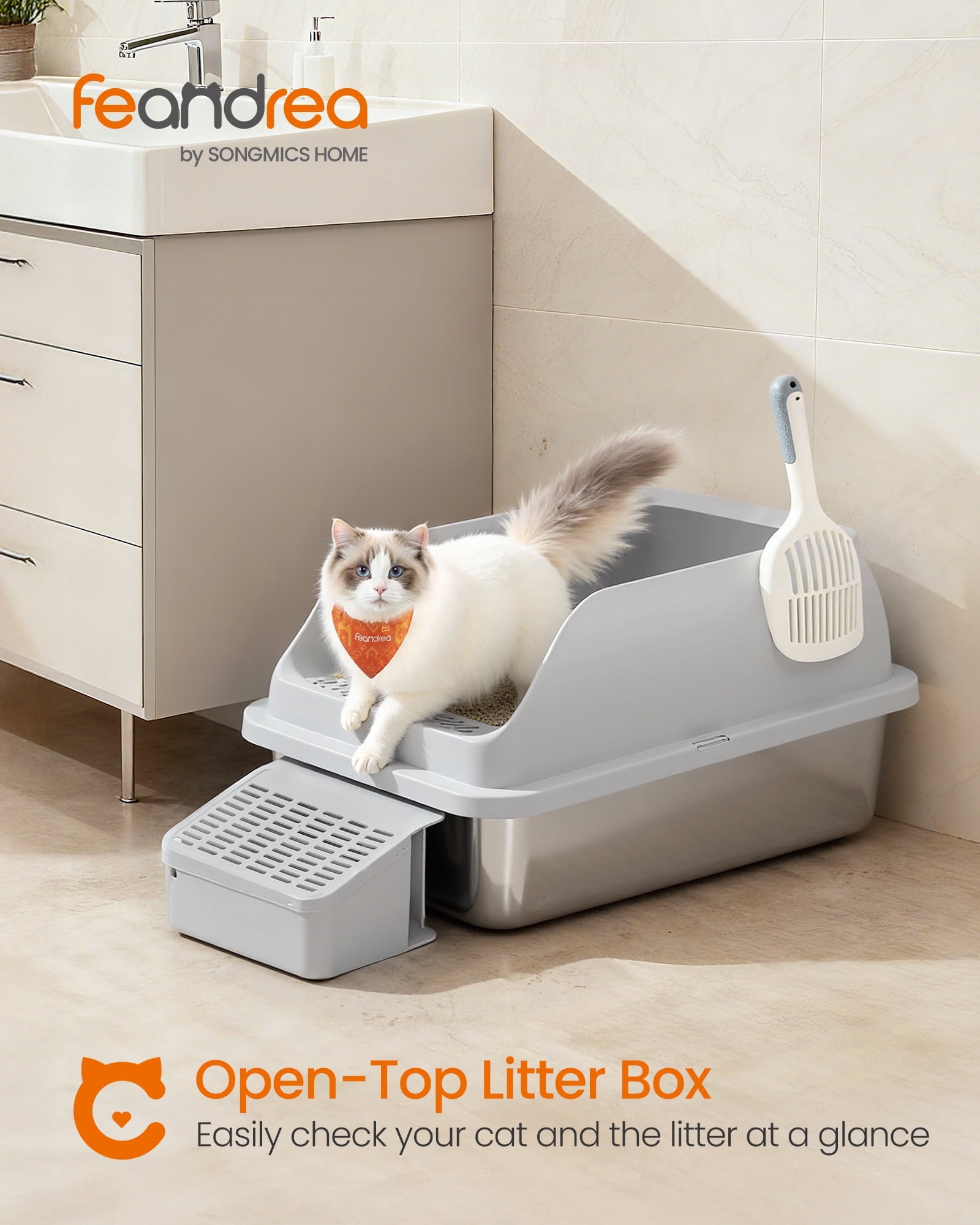 Stainless Steel Cat Litter Box, High-Sided Open Top Litter Tray with Step & Scoop, for Cats up to 33 lb, Dove Gray