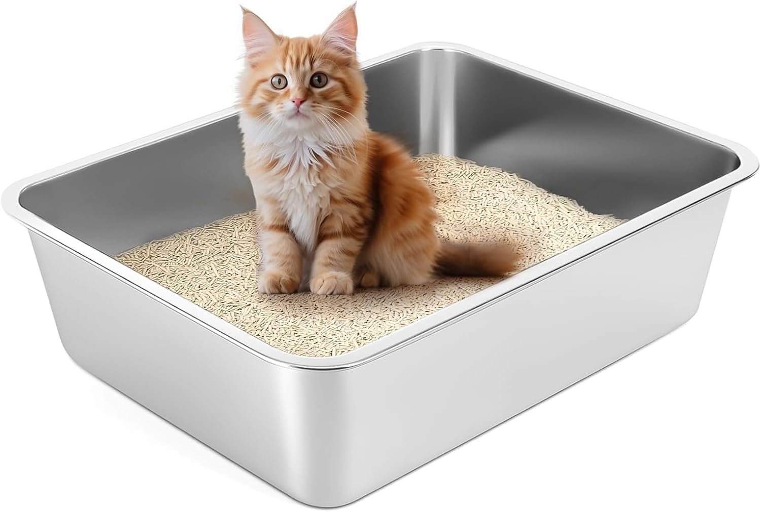 Stainless Steel Cat Litter Box with High Sides, Extra Large Open Metal Litter Pan, Easy to Clean, Rust Proof, Non Stick, Non Slip Rubber Feets (17.8"L x 13.8"W x 4"H)