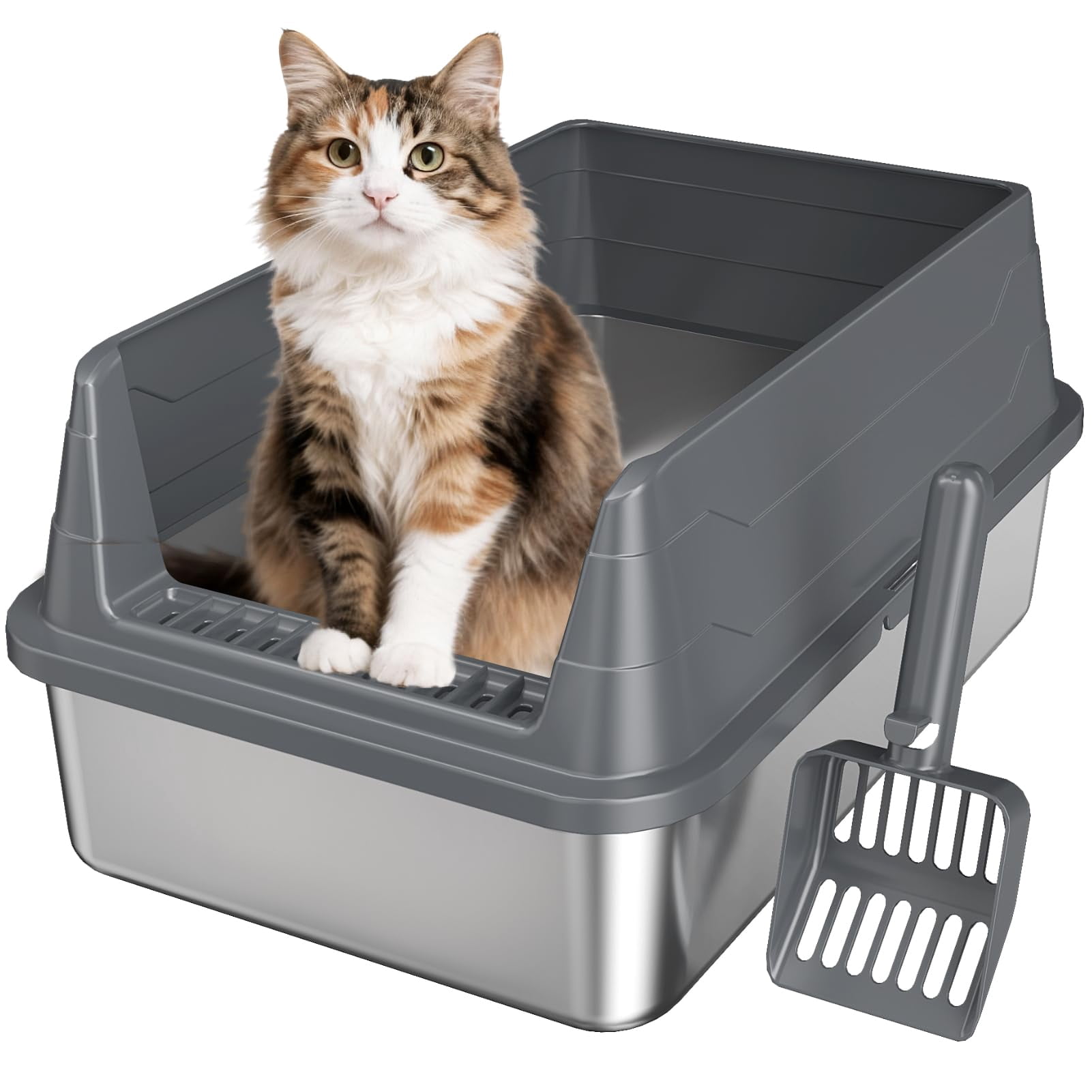 Stainless Steel Cat Litter Box with High Sides and Open Top, Odor Control, Easy Cleaning Scoop Included, Anti-Scratch, Leak Resistant, Non-Stick Pet Litter Pan