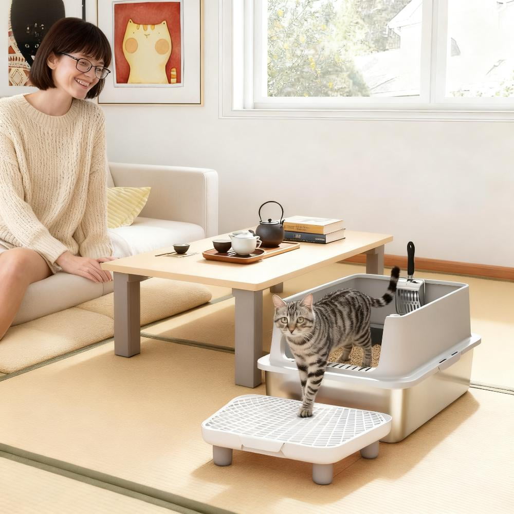 Stainless Steel Cat Litter Box with High Sides, XL Metal Litter Box with Filter Pad and Stainless Steel Litter Scoop, Anti-Scratch Anti-Tracking Easy Clean Indoor Cat Toilet for Cats Up to 15 lbs