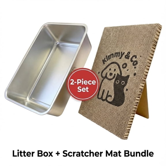 Kimmy&Co. Extra Large Stainless Steel High-Sided 5.94 in Cat Litter Box Set with Multi-Functional Eco-Friendly Cat Scratcher, Silver