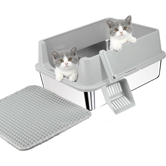 Stainless Steel Cat Litter Box for Kittens and Medium Cats, Open Top Metal Kitty Small Litter Box with High Sides Lid, Litter Mat, Scoop, No Odor, No Mess, Leak Proof, Easy Clean