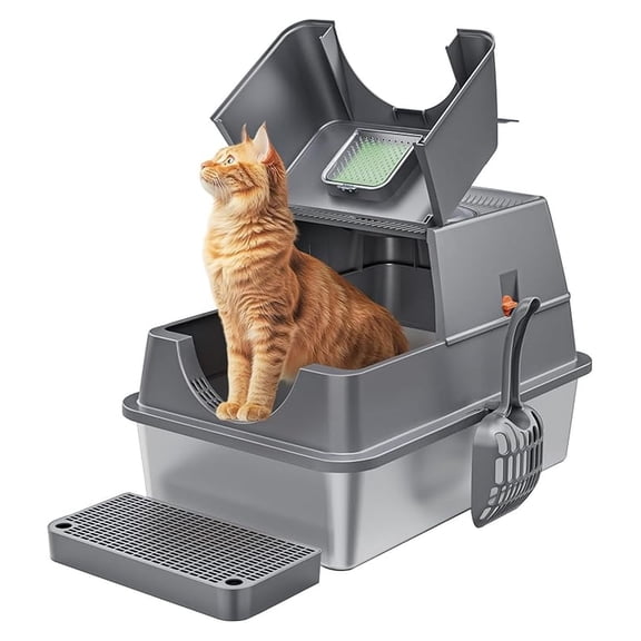 Stainless Steel Cat Litter Box Large Enclosed, High Sided Metal Litter Box with Lid & Steps, Easy Cleaning, Odor Control, Front/Top Entry
