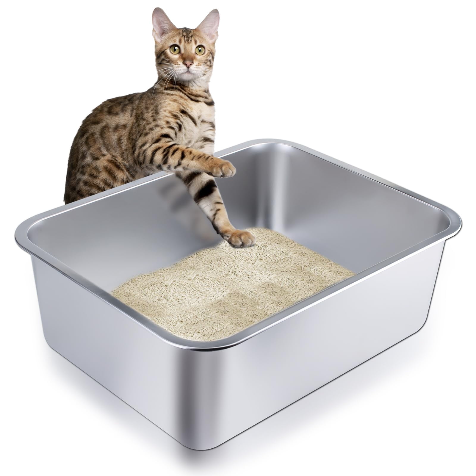 Stainless Steel Cat Litter Box - Large Metal High-sided Pan For Cats  Pets Non-stick Odor-free Easy To Clean Splash-proof Durable (17.7" L X 13.8" W 6" H)