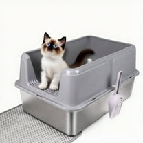 Stainless Steel Cat Litter Box, Large Open Top Litter Pan for Big Cats & Maine Coons, High Sided Anti-Track Anti-Leak Design, with Included Scoop & Litter Mat