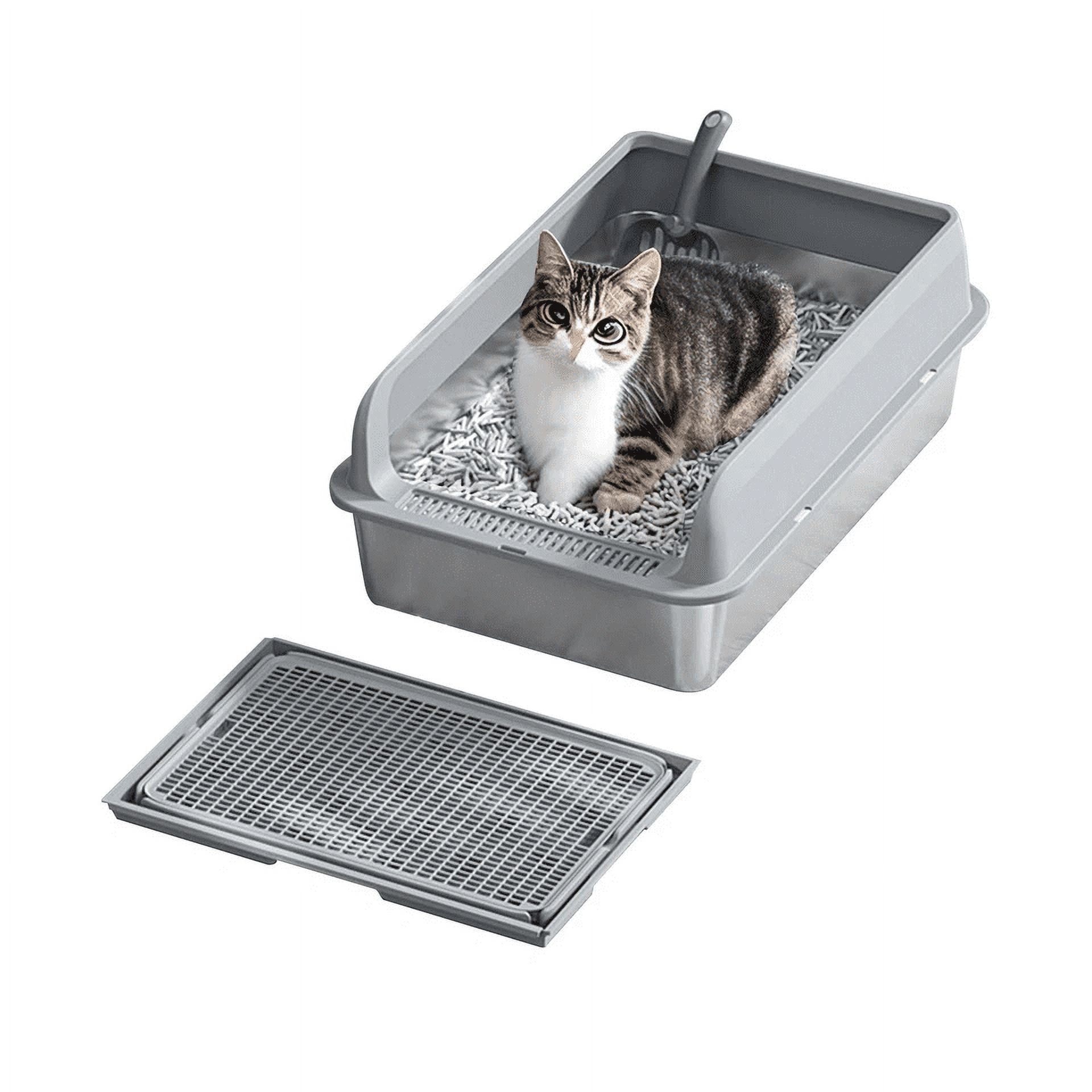 Stainless Steel Cat Litter Box, Large Pan 23.6“x15.7"x14" Metal Open-Top Large Kitten Litter Tray with Cover, Step, Scoop, Non-Stick Easy Cleaning, Gray