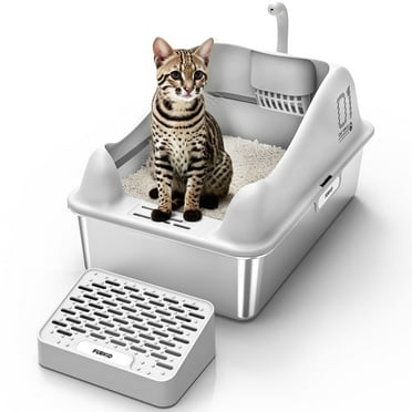 Stainless Steel Litter Box, High Sided Cat Litter Box, Metal Litter Pan with Lid, Extra Large Litter Box with Scoop, Step 24" x 16" x 12"