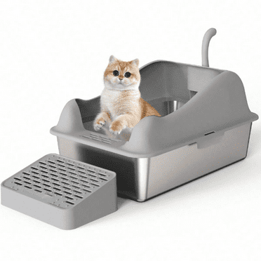 Stainless Steel Cat Litter Box, Large Size, Half-Enclosed Design To Prevent Litter Scattering, Pet Cleaning Supplies