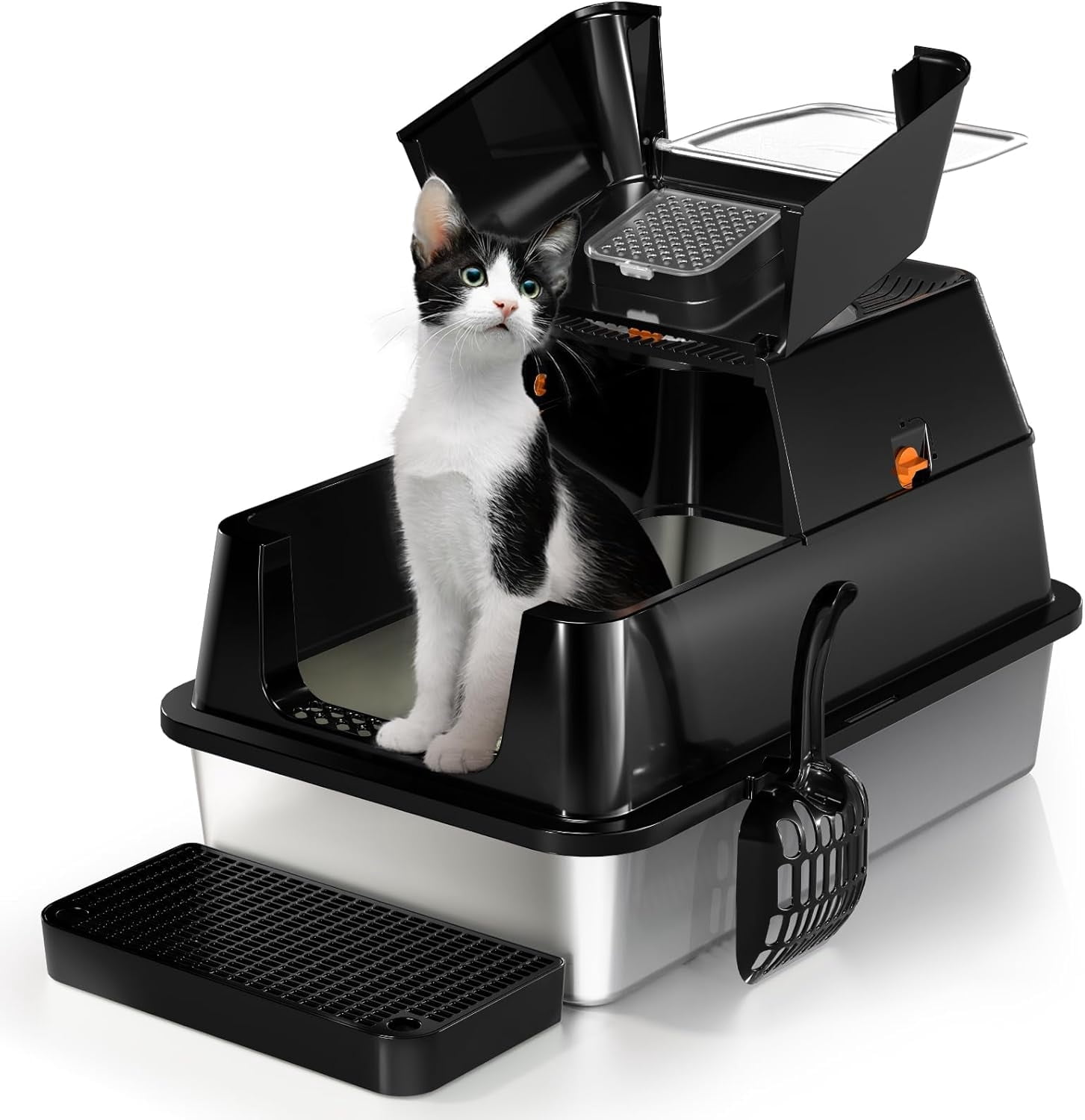 Stainless Steel Cat Litter Box with Lid, 180 °   Flip-Top XL Extra Large Enclosed Litter Box, Covered Metal High Sided Litter Pan with Steps & Scoop, Easy Cleaning, Odor Control,Non-Sticky-Black