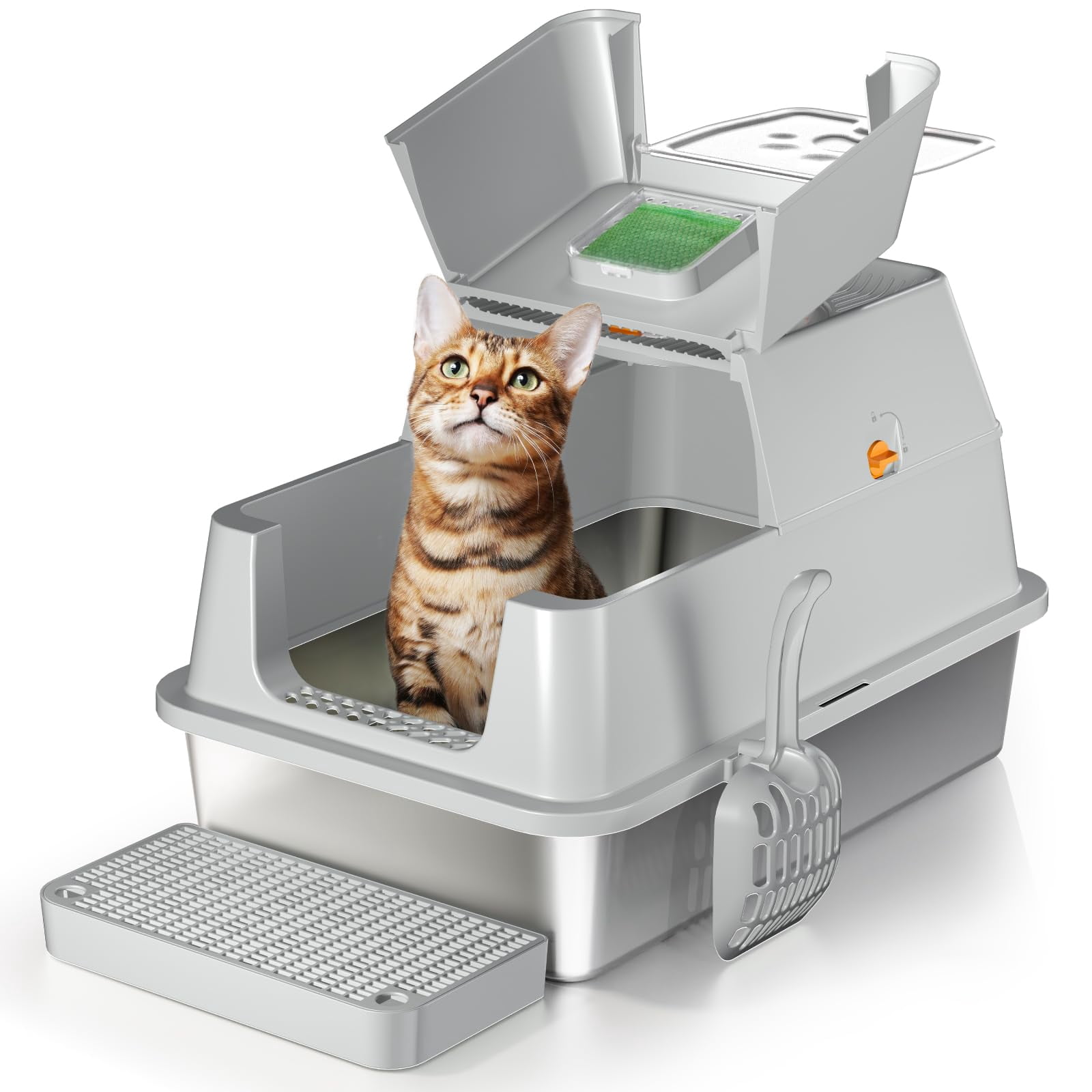 Stainless Steel Cat Litter Box With Lid  180° Flip-top Xl Extra Large Enclosed Covered Metal High Sided Pan Steps & Scoop Easy Cleaning Odor Control Non-sticky-grey