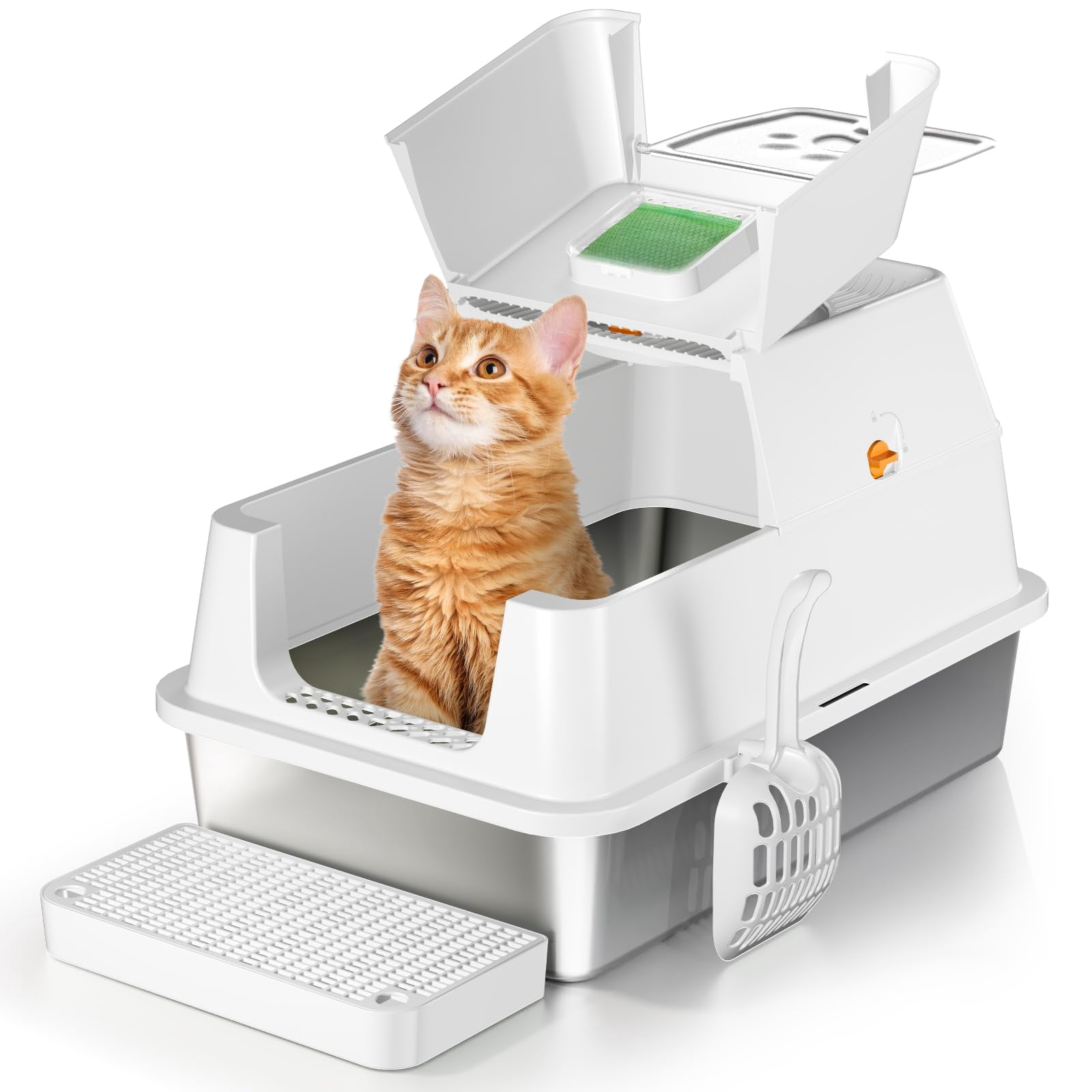 Stainless Steel Cat Litter Box With Lid  180° Flip-top Xl Extra Large Enclosed Covered Metal High Sided Pan Steps & Scoop Easy Cleaning Odor Control Non-sticky-white
