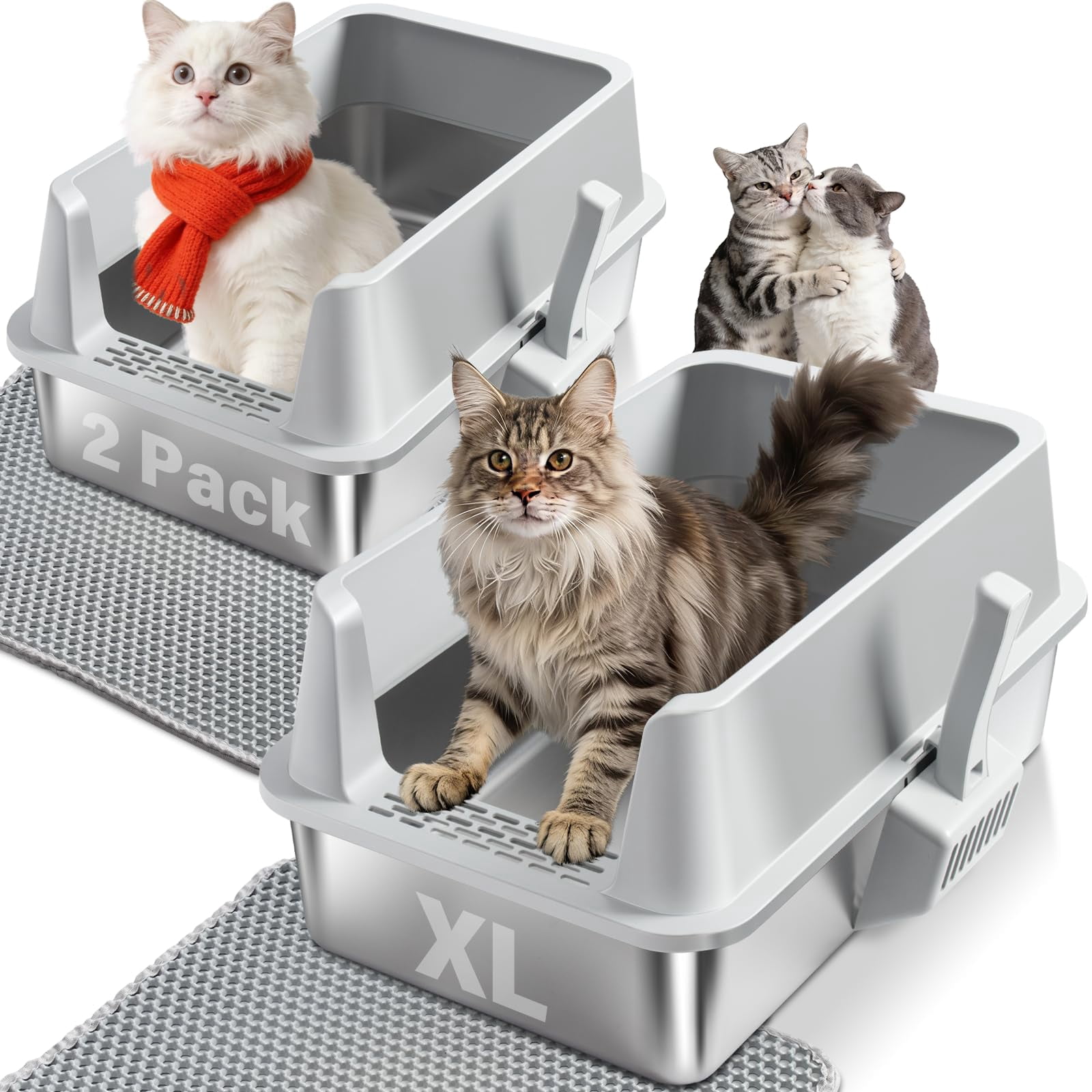 Stainless Steel Cat Litter Box With Lid  2 Pack Xl Metal High Sided Odor-free/anti-urine Leakage & Non-stick Extra Large Mat Scoop For Multiple/big Cats Easy Clean